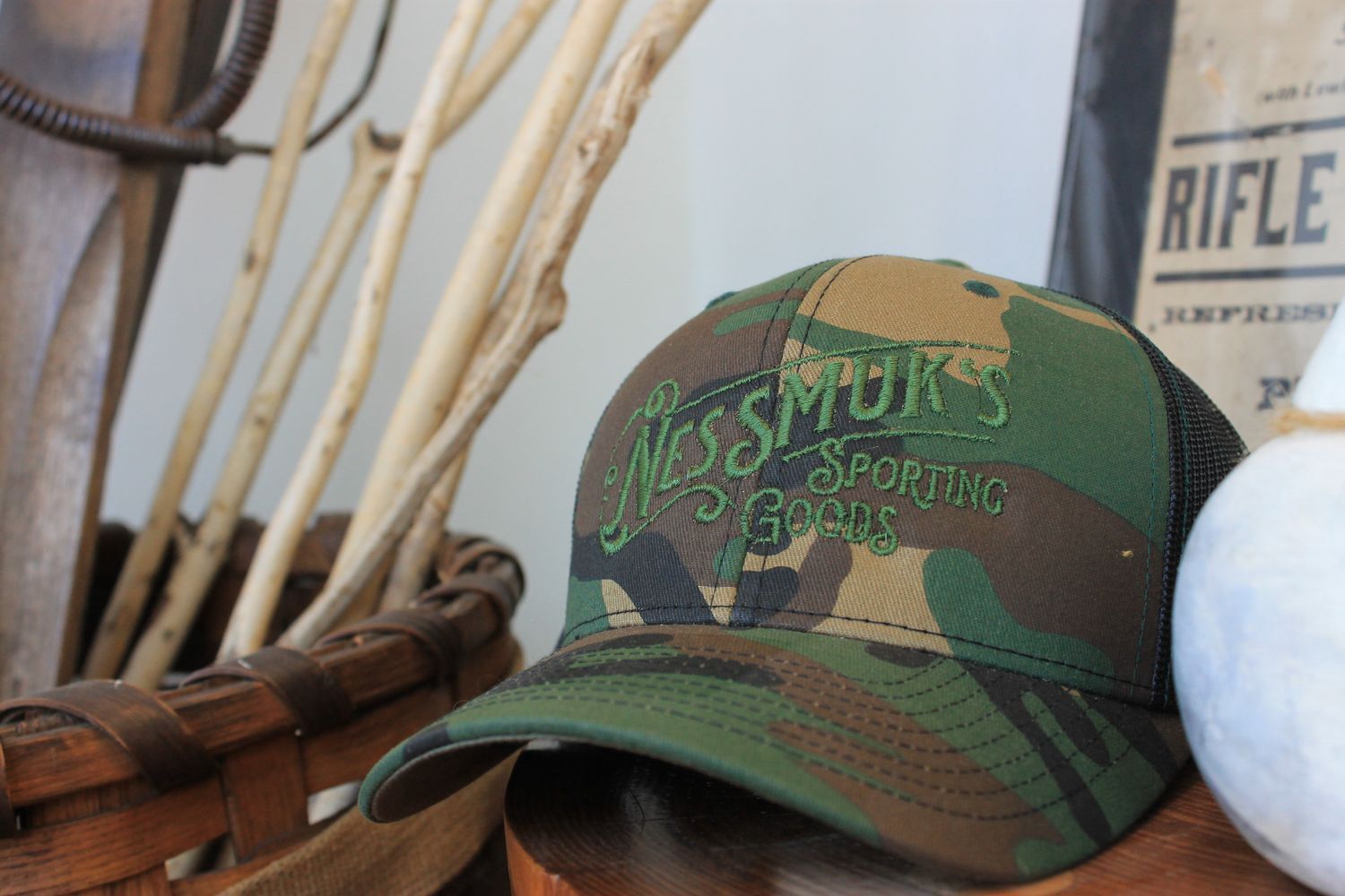 Nessmuk&#39;s Embroidered Camo Richardson 112 Snapback Trucker Hat