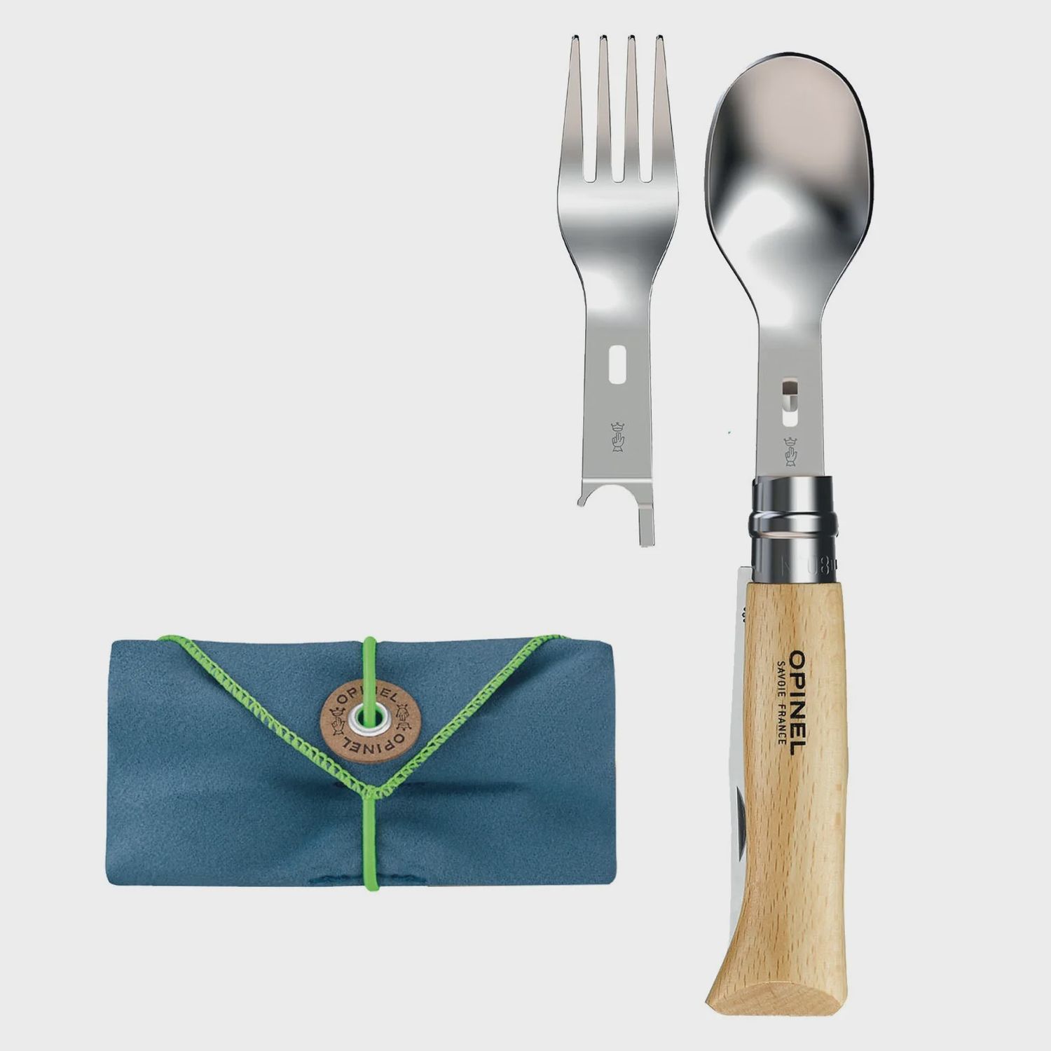 Opinel Picnic+ Cutlery Complete Set, No.8 Stainless Steel Knife, Fork Insert, and Spoon Insert