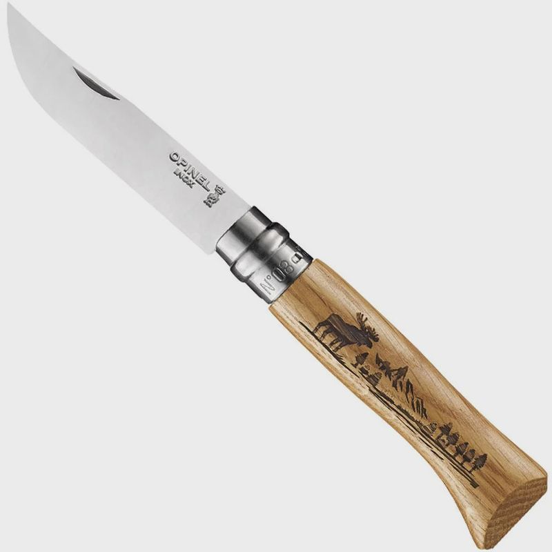 Opinel No.8 Animalia Moose Engraved Oak Stainless Folding Knife