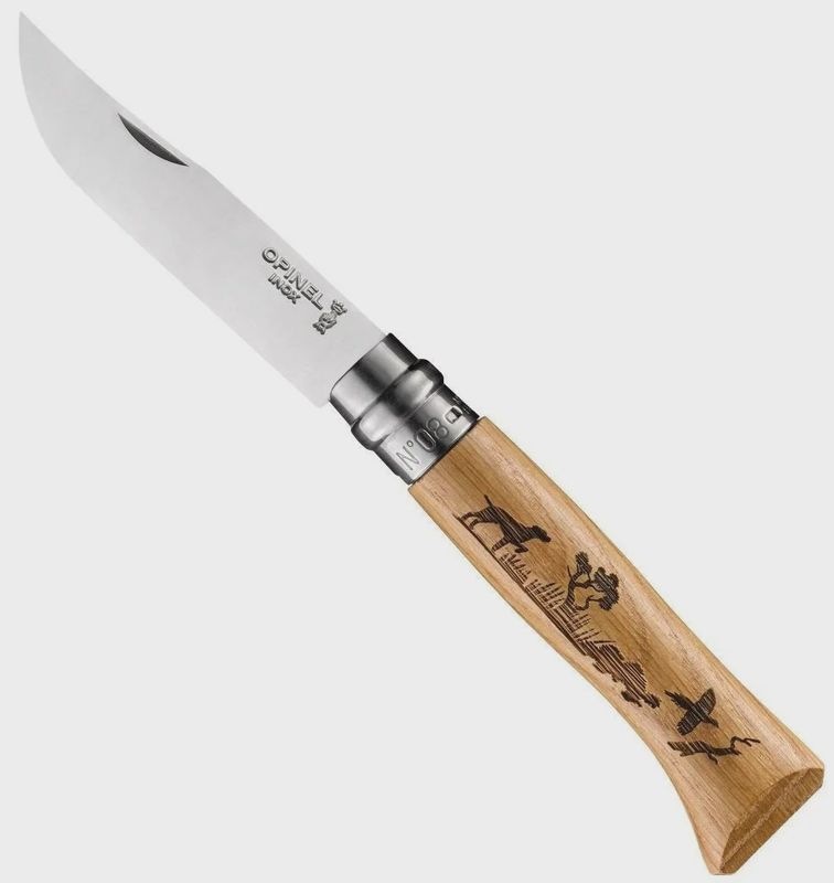 Opinel No.8 Animalia Dog Engraved Oak Stainless Folding Knife