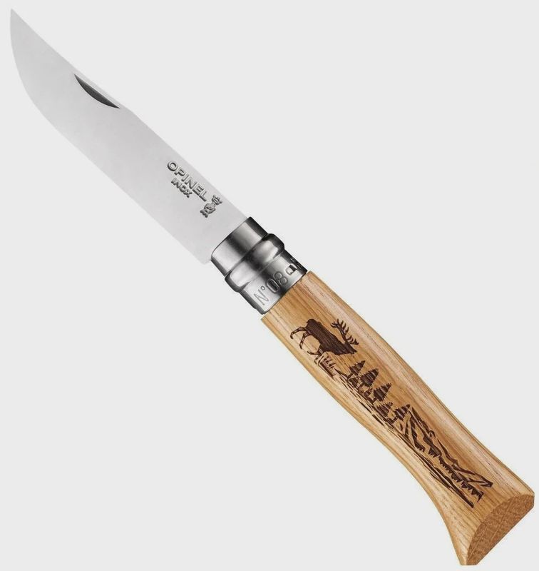 Opinel No.8 Animalia Elk Engraved Oak Stainless Folding Knife