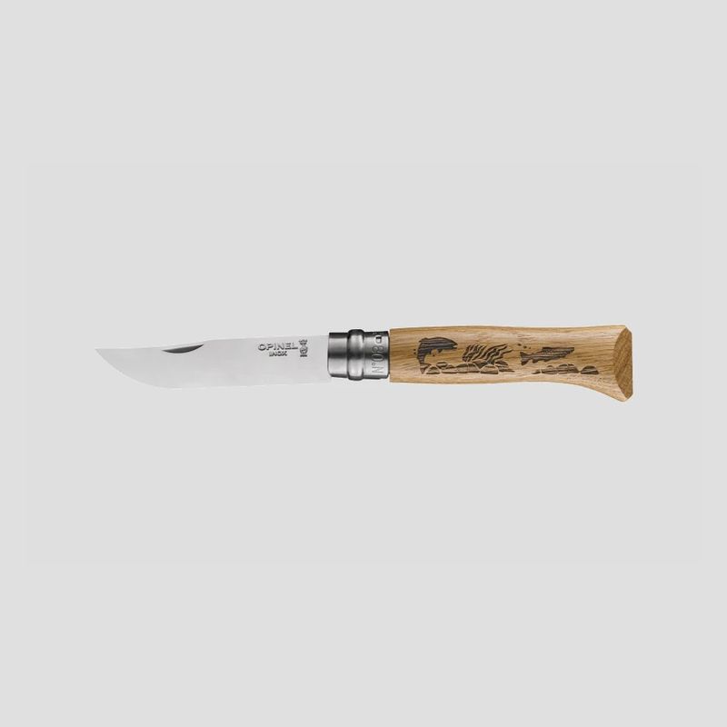Opinel No.8 Animalia Fish Engraved Oak Stainless Folding Knife
