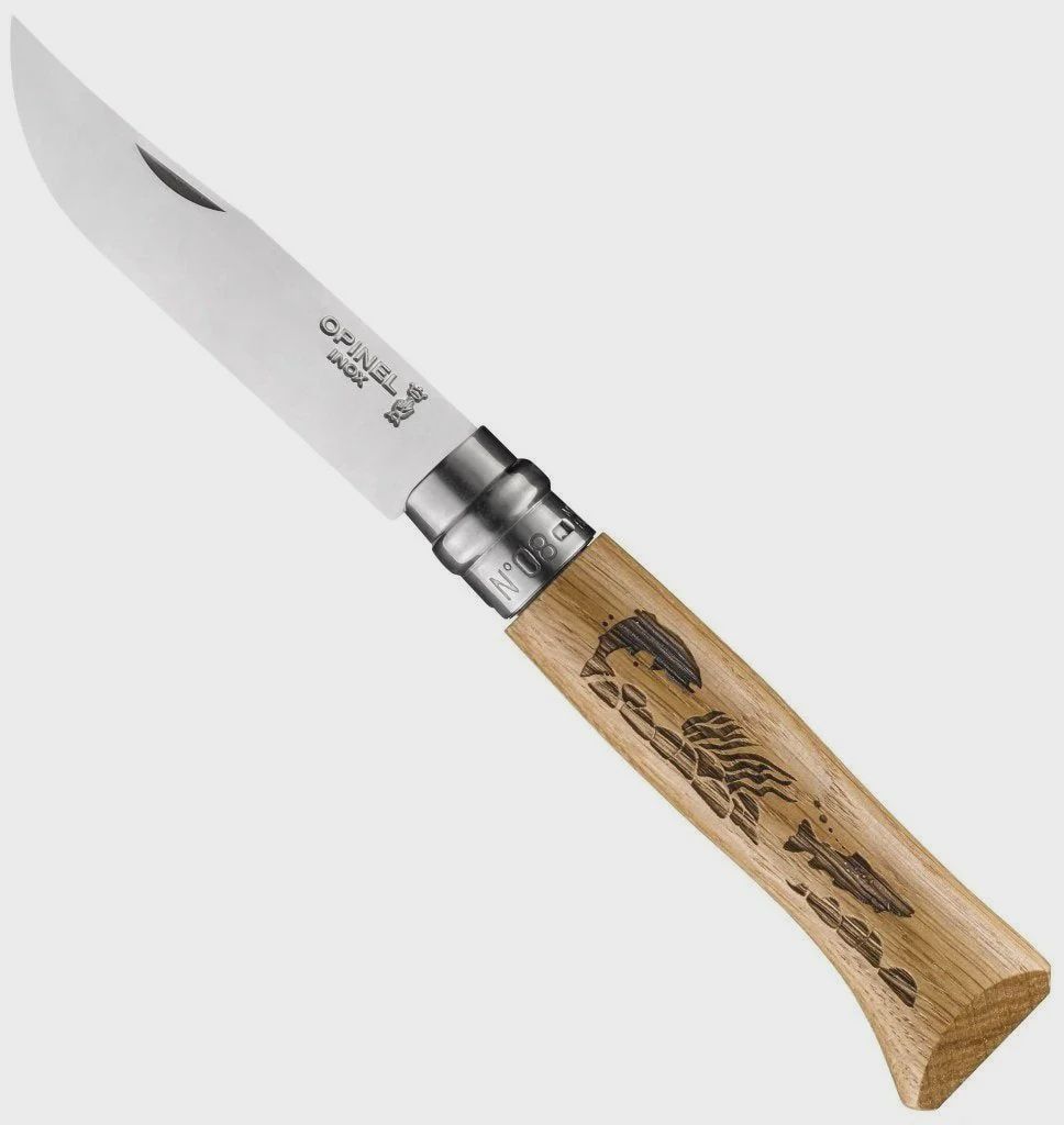 Opinel No.8 Animalia Fish Engraved Oak Stainless Folding Knife