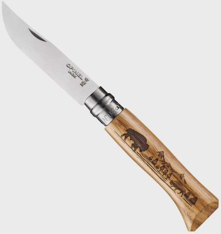 Opinel No.8 Animalia Bison Engraved Oak Stainless Folding Knife