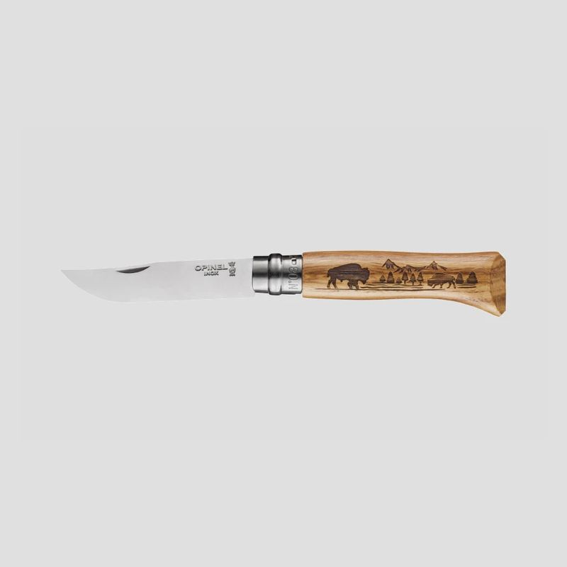 Opinel No.8 Animalia Bison Engraved Oak Stainless Folding Knife