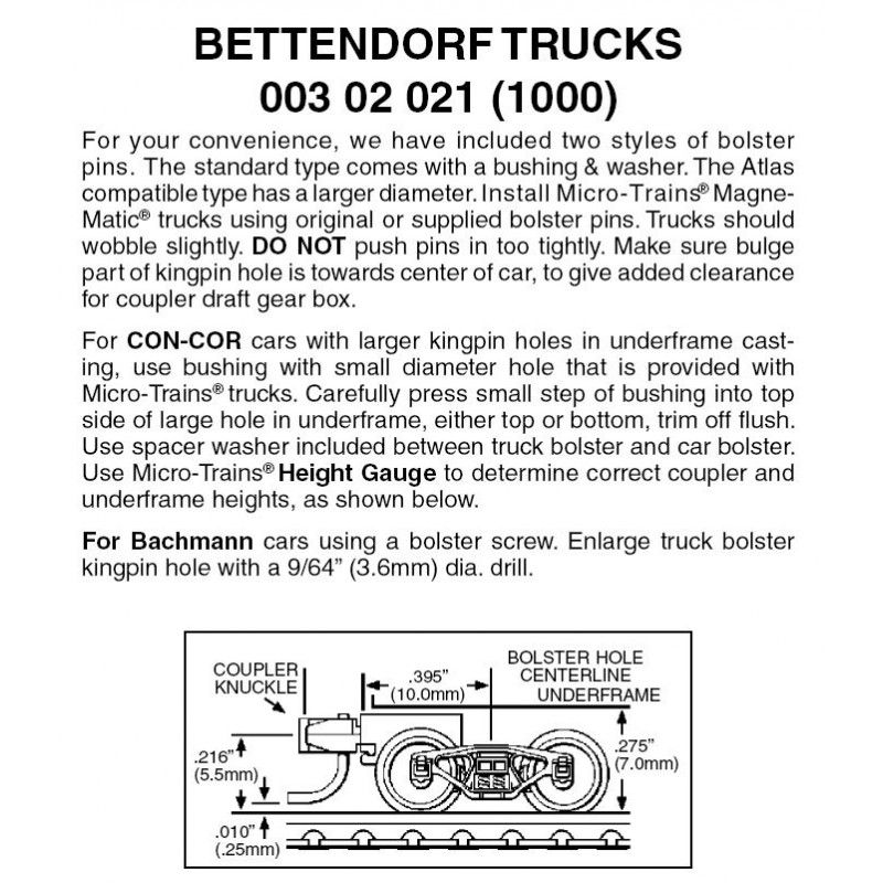 00302021 #1000 Bettendorf Trucks w/Couplers -- Short Extension  1 Pair