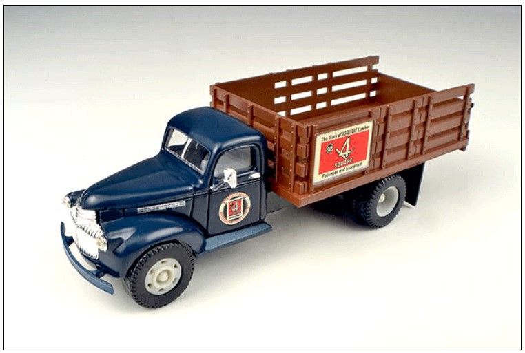 30354 1941-1946 Chevrolet Stakebed Truck - Assembled - Mini Metals(R) -- Weyerhaeuser 4 Square Lumber (blue, brown, red, white)
