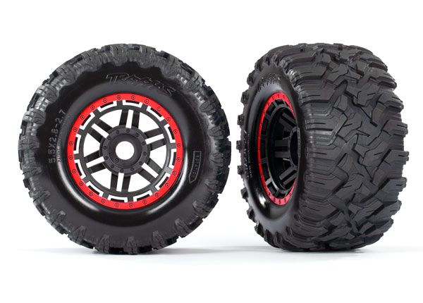 8972R Tires &amp; wheels, assembled, glued (black, red beadlock style wheels, Maxx MT tires, foam inserts) (2) (17mm splined) (TSM rated)