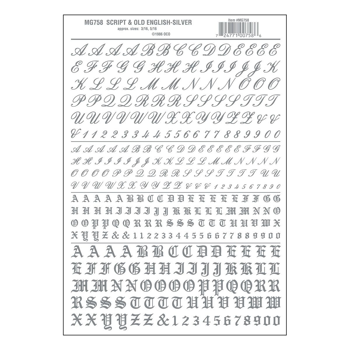 758 Dry Transfer Alphabet &amp; Numbers - Script/Old English -- Silver