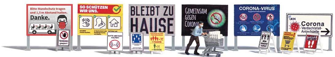 7911 COVID-19 Panic Buying Figure with Shopping Cart and Toilet Paper Load (German Signs) HO