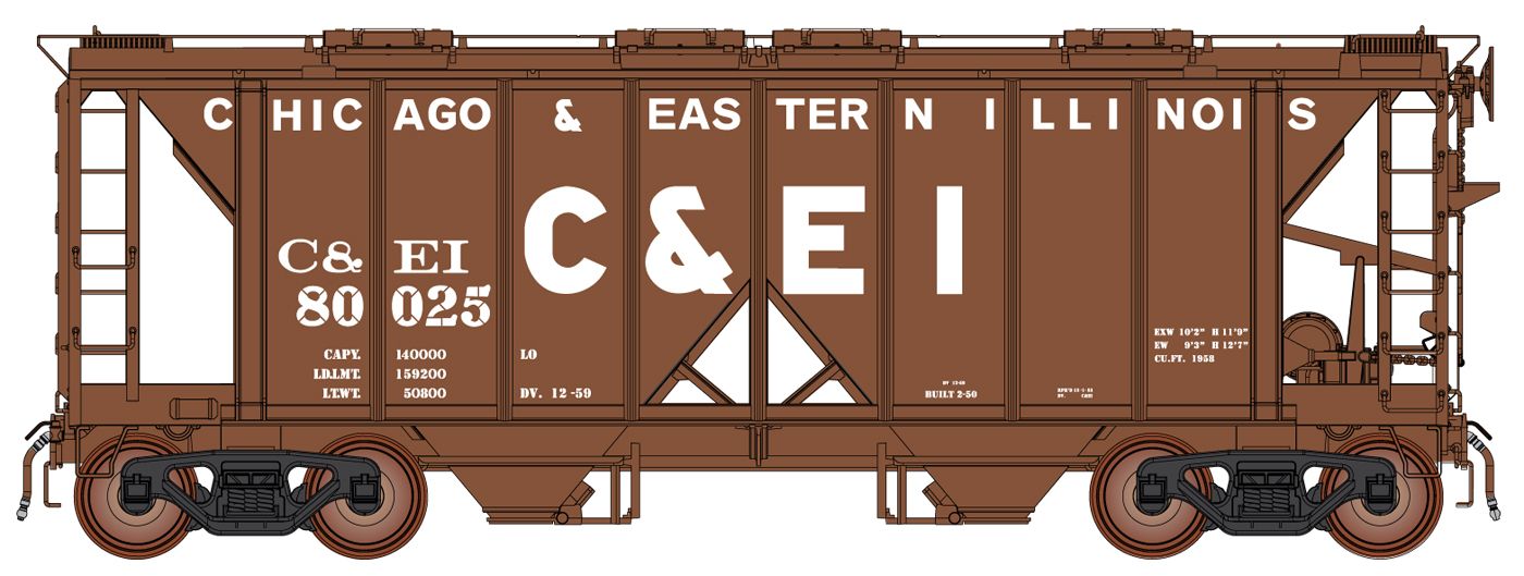 48667-05 1958 Cubic Foot 2-Bay Covered Hopper w/Open Sides Chicago &amp; Eastern Illinois (Boxcar Red, Billboard C&amp;EI)#80042 HO