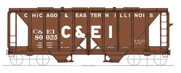 48667-06 1958 Cubic Foot 2-Bay Covered Hopper w/Open Sides Chicago &amp; Eastern Illinois (Boxcar Red, Billboard C&amp;EI)#80046 HO