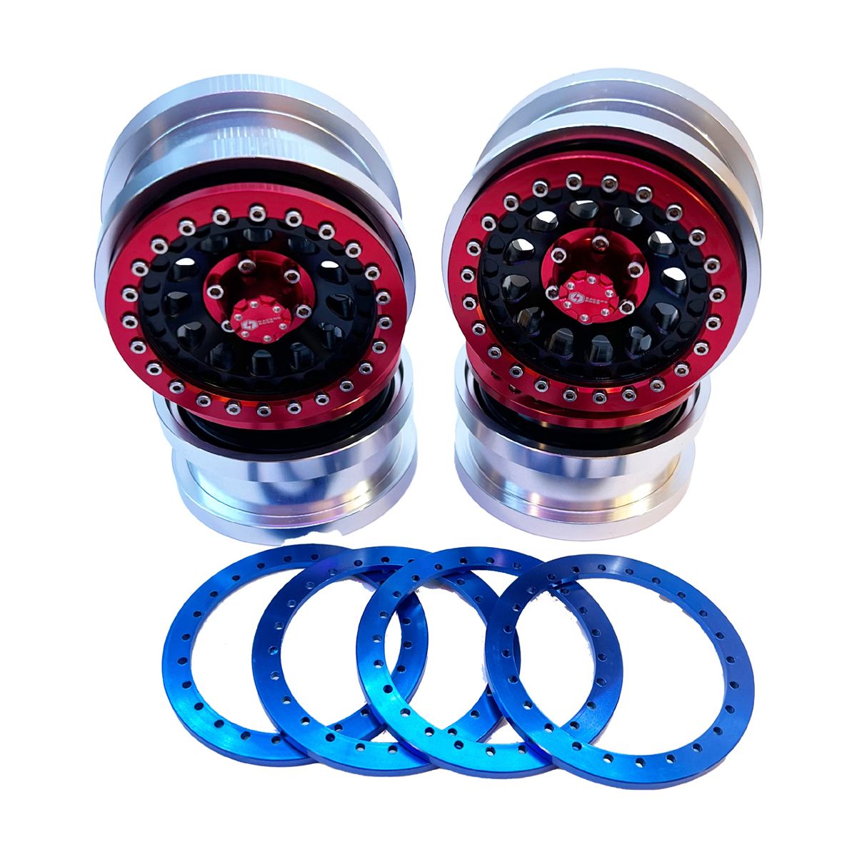 RCESCX6010  Aluminum CNC 2.9'' Beadlock Wheels with Red&amp;Blue Rings for Axial SCX6 4pcs A Style