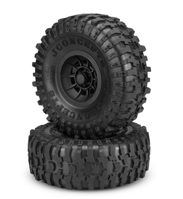 40453294  Tusk 2.9" Tires Pre-Mounted on Hazard Wheels, Green Compound, Fits Axial SCX6