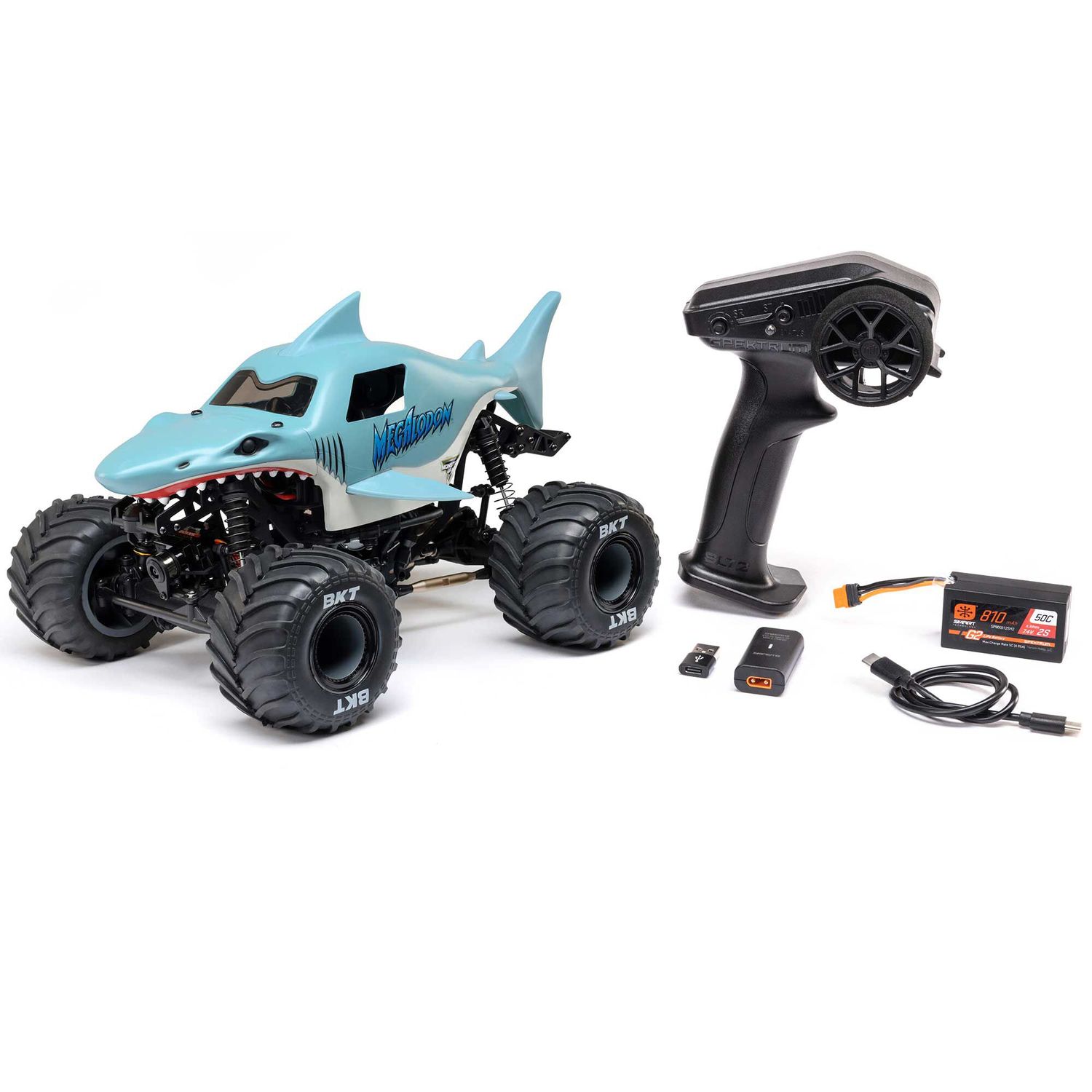 LOS01026T3 1/18 Mini LMT Megalodon 2S 4X4 RTR Brushed Monster Truck (Battery &amp; Charger Included), Blue