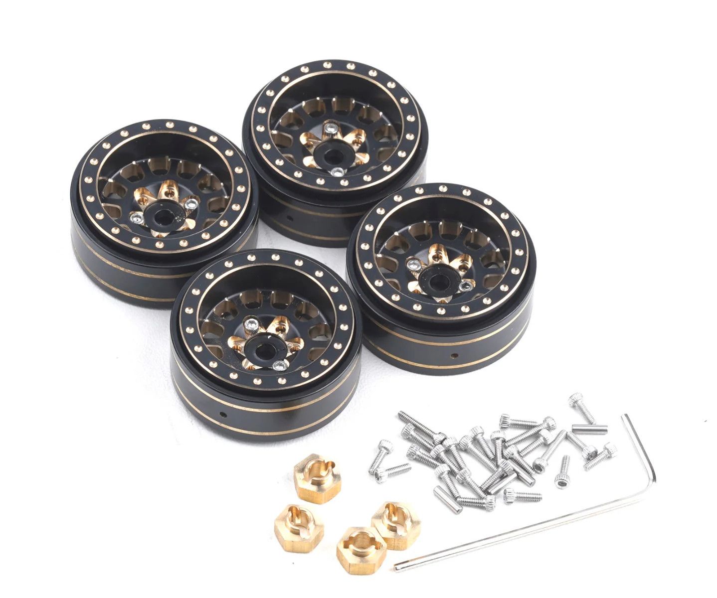 PHB5776 Axial SCX24 1.0" Black / Gold Brass Beadlock Crawler Wheels 1/24