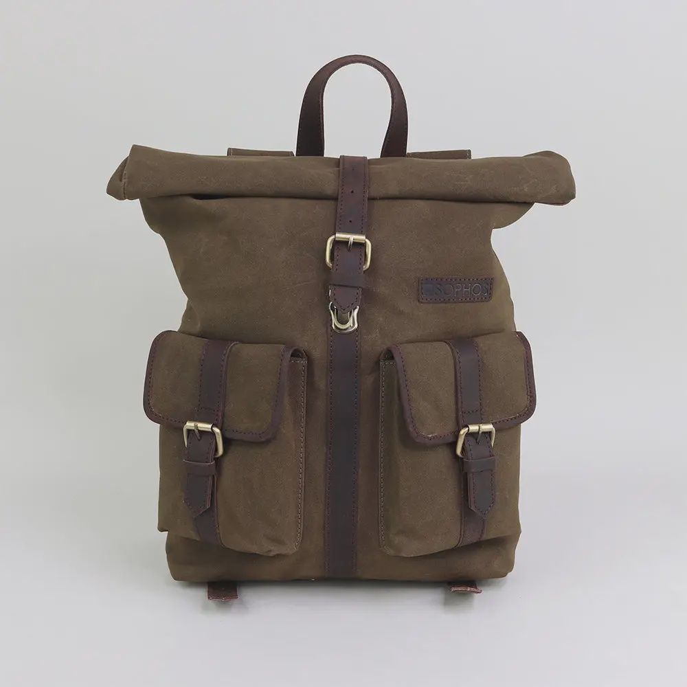 Waxed Canvas Roll Top Rucksack - Olive