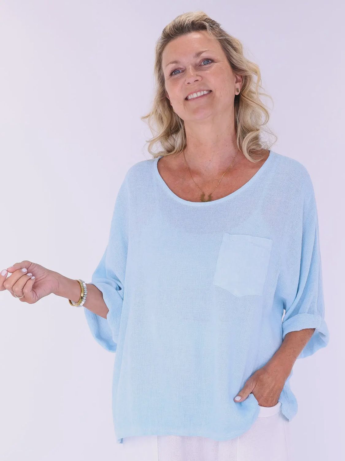 Linen &amp; Cotton Blend Pocket Top - Sky Blue