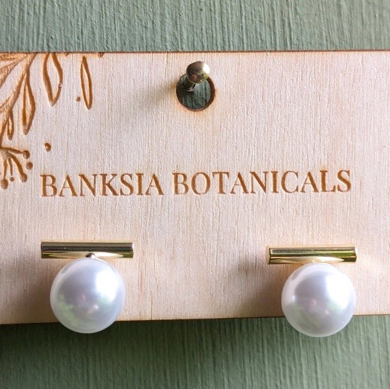 Gold Faux Pearl Bar Stud Earrings