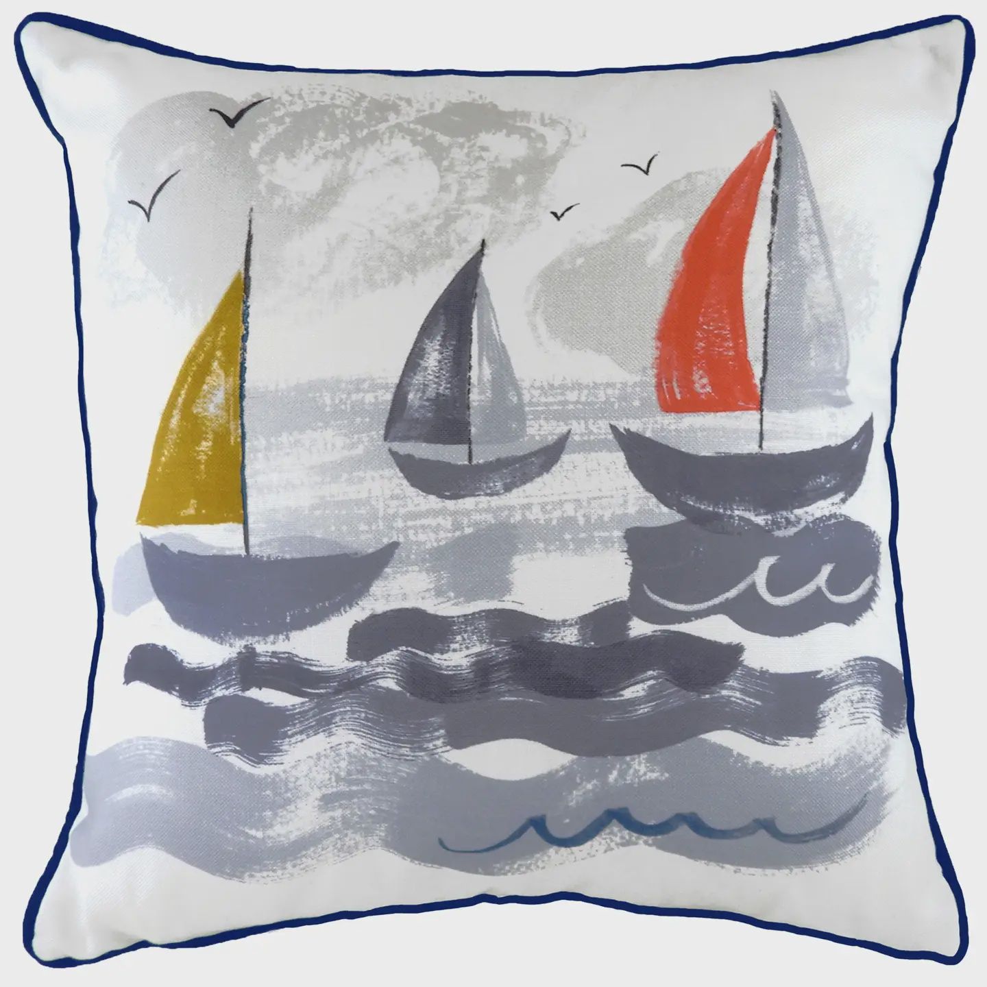Nautical Sailboats Cushion - Navy Piped Edge