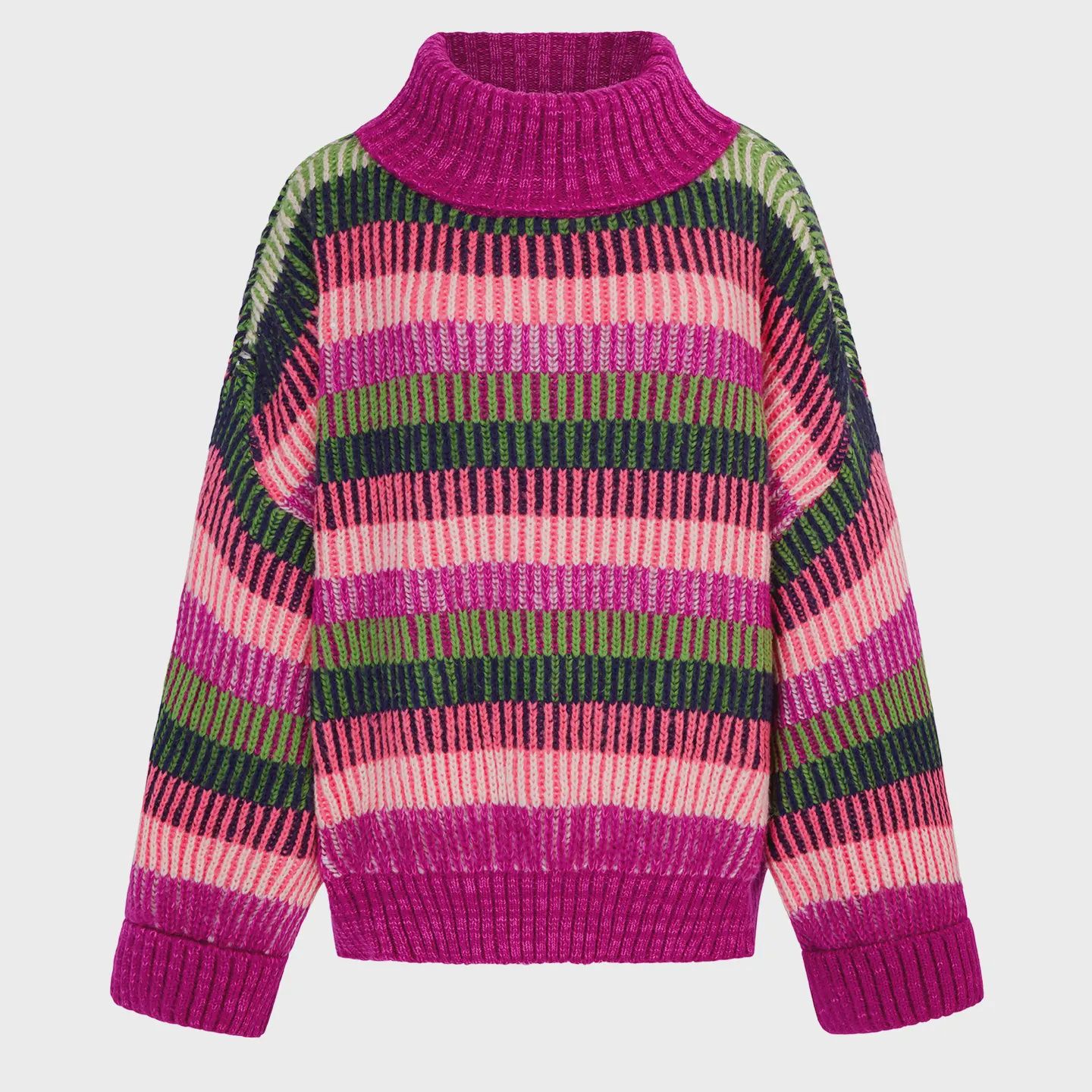 Tasha Oversized Balloon Sleeve Roll Neck Jumper - Stripe Purple