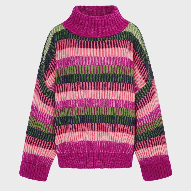 Tasha Oversized Balloon Sleeve Roll Neck Jumper - Stripe Purple