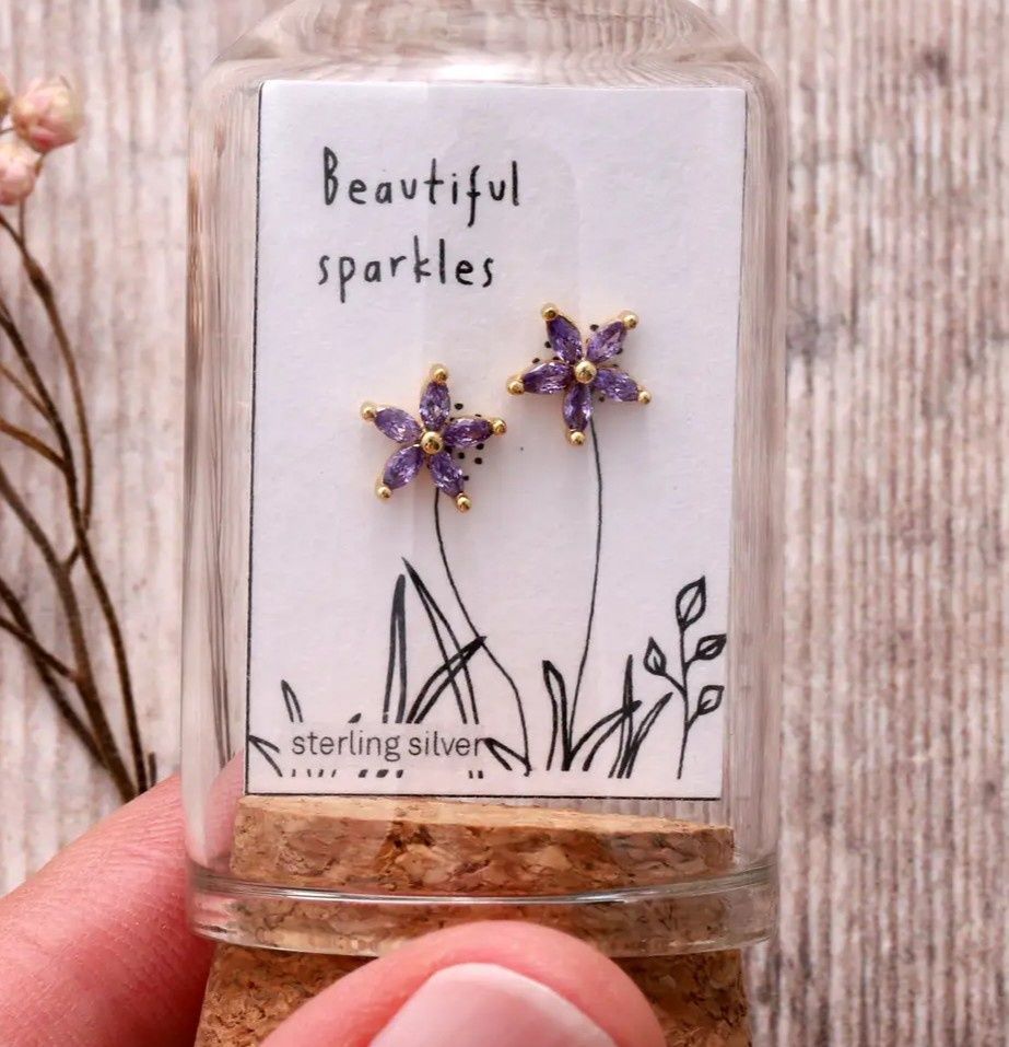 Beautiful Sparkles 5 Crystal Earrings - Purple/Gold