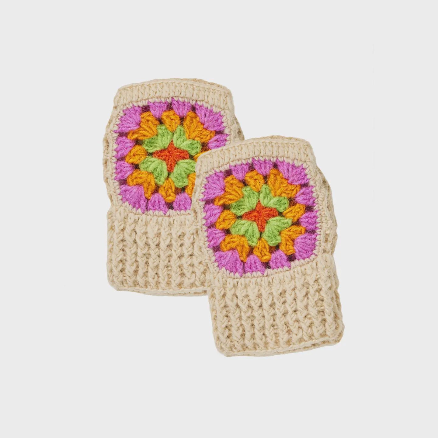 Crochet Rainbow Hand Warmers - Cream