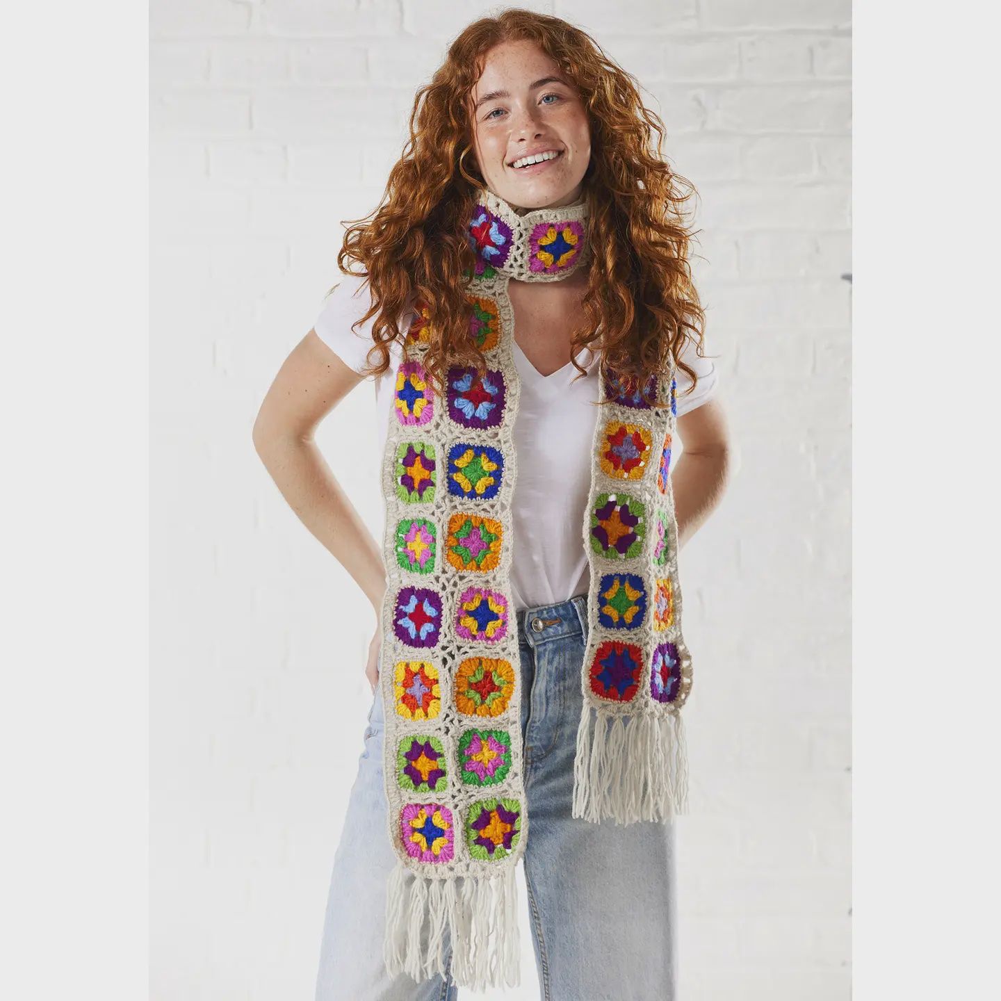 Crochet Rainbow Scarf - Cream
