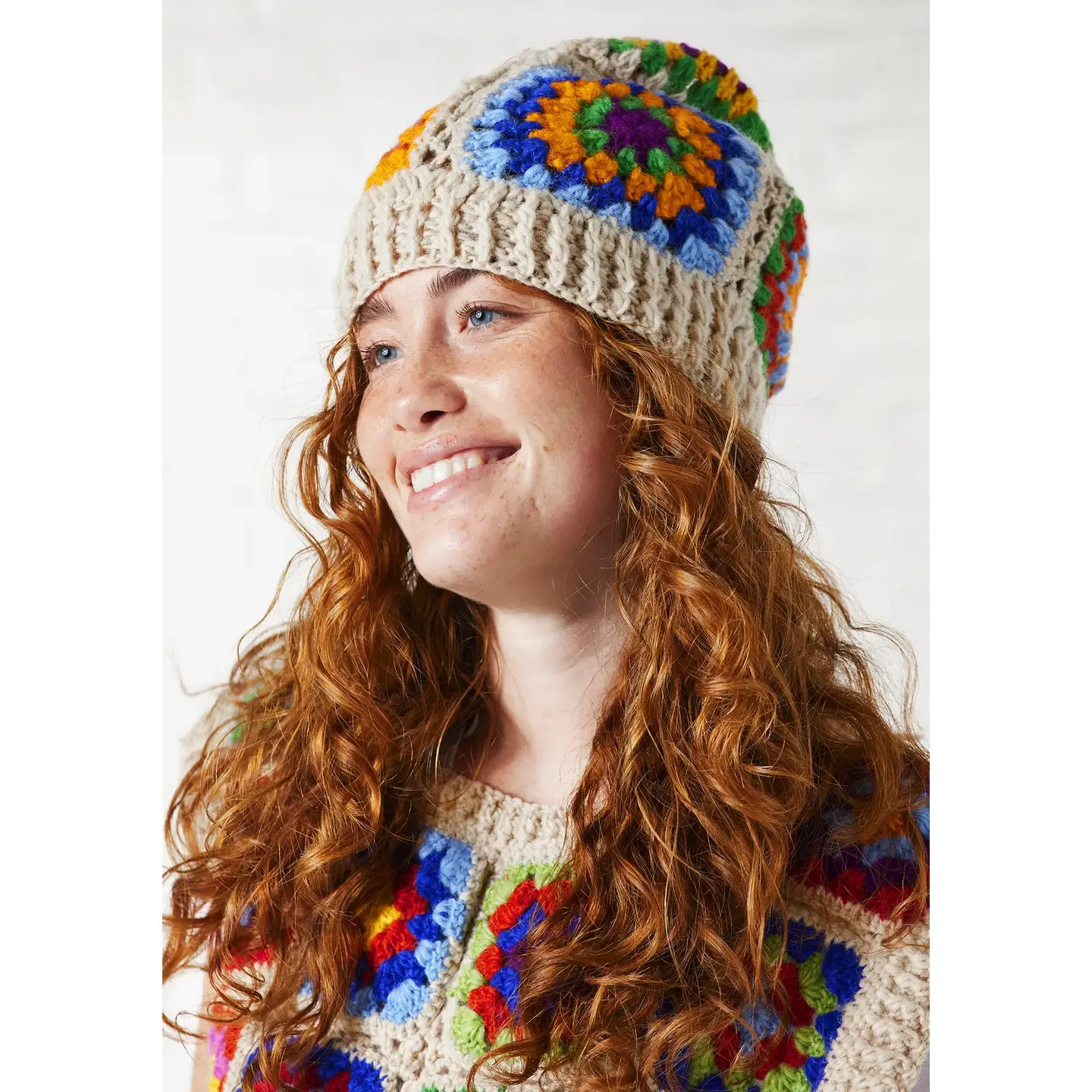 Crochet Rainbow Beanie - Cream