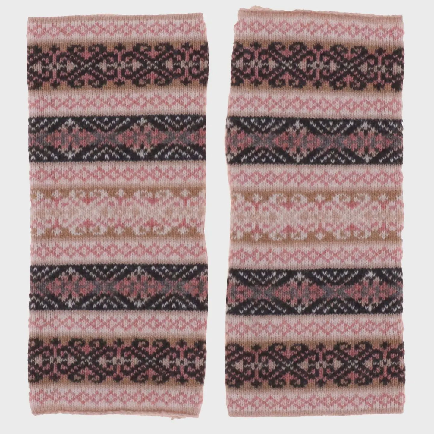 Cashmere Blend Fairisle Wrist Warmers - Cream Anthracite and Camel