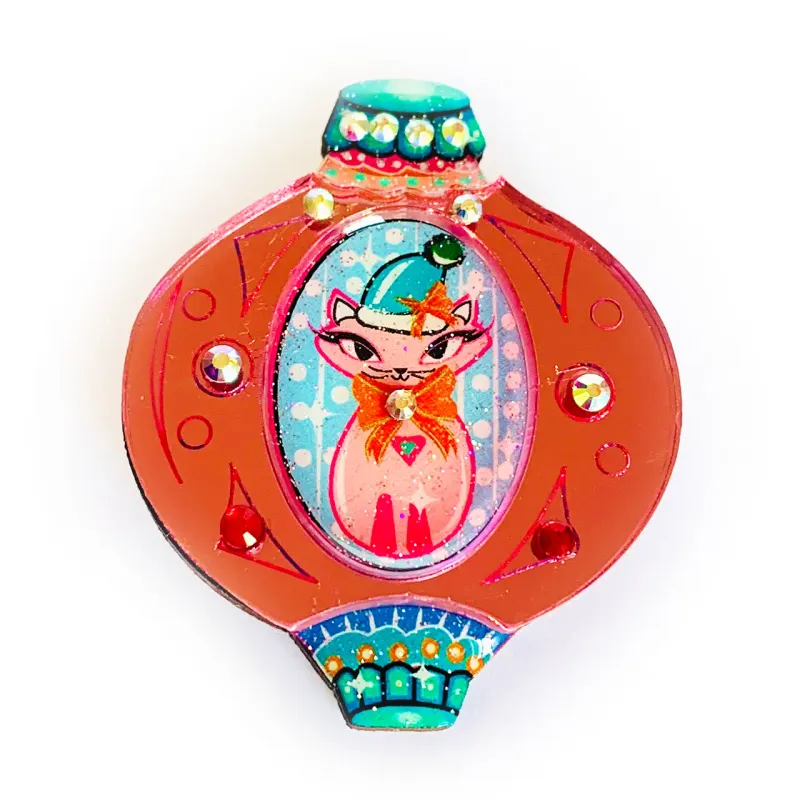Retro Cat Christmas Bauble Brooch