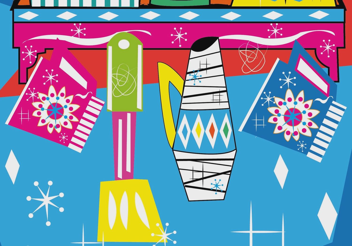 Mid Century Kitchen A4 Print - Blue