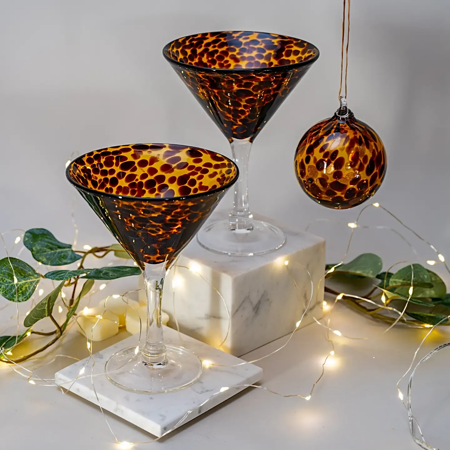 Glass Bauble &amp; Martini Set - Leopard Print &amp; Bronze