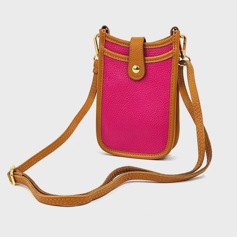 Two Tone Leather Crossbody Phone Bag - Fuchsia/Tan