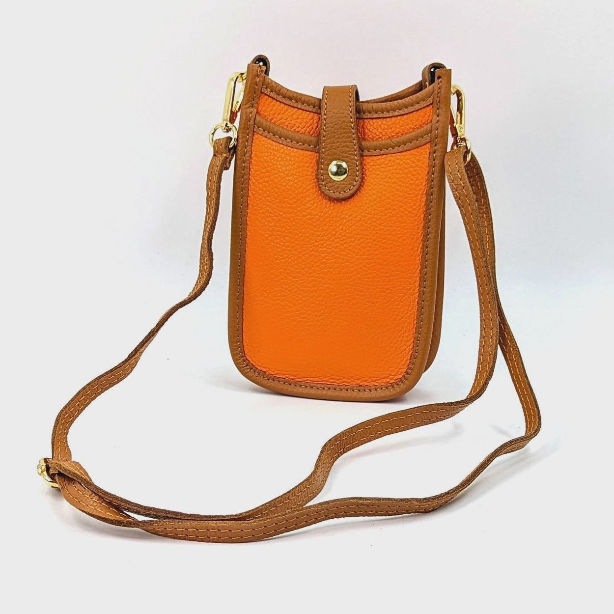 Two Tone Leather Crossbody Phone Bag - Orange/Tan