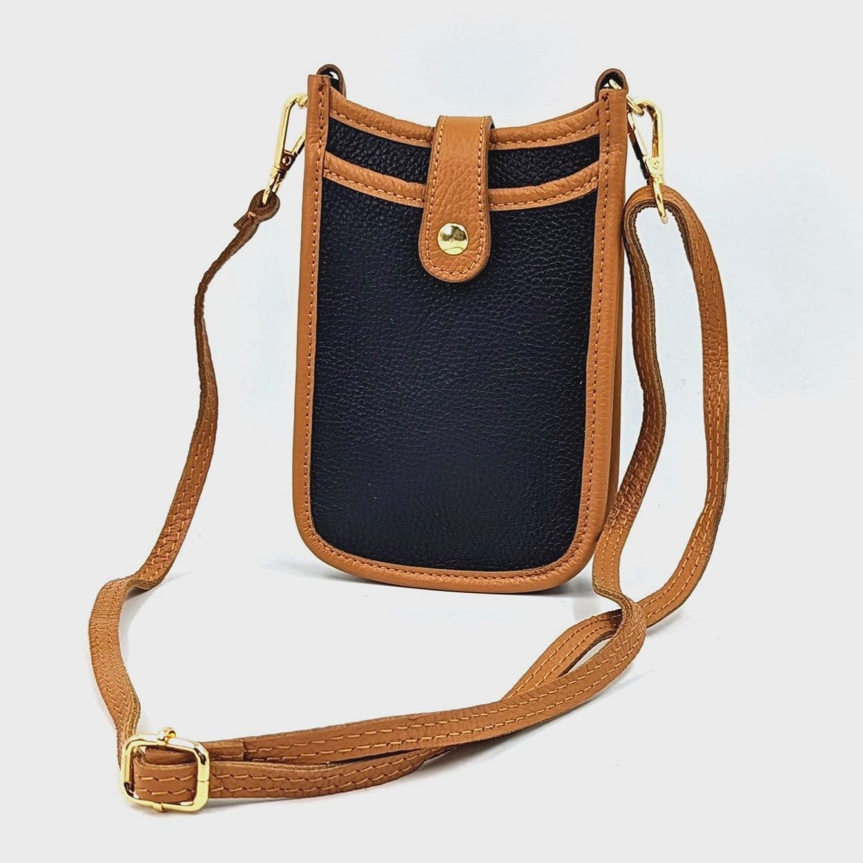 Two Tone Leather Crossbody Phone Bag - Navy/Tan