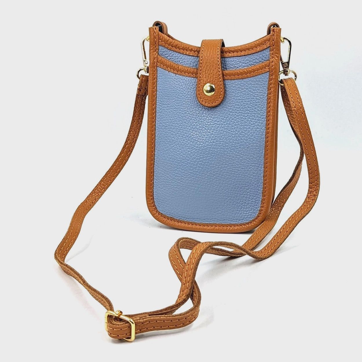 Two Tone Leather Crossbody Phone Bag - Light Blue/Tan