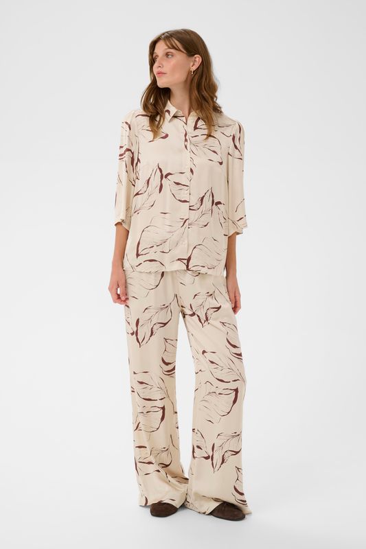 Clero Flared Printed Pants - Oatmeal Leave Print