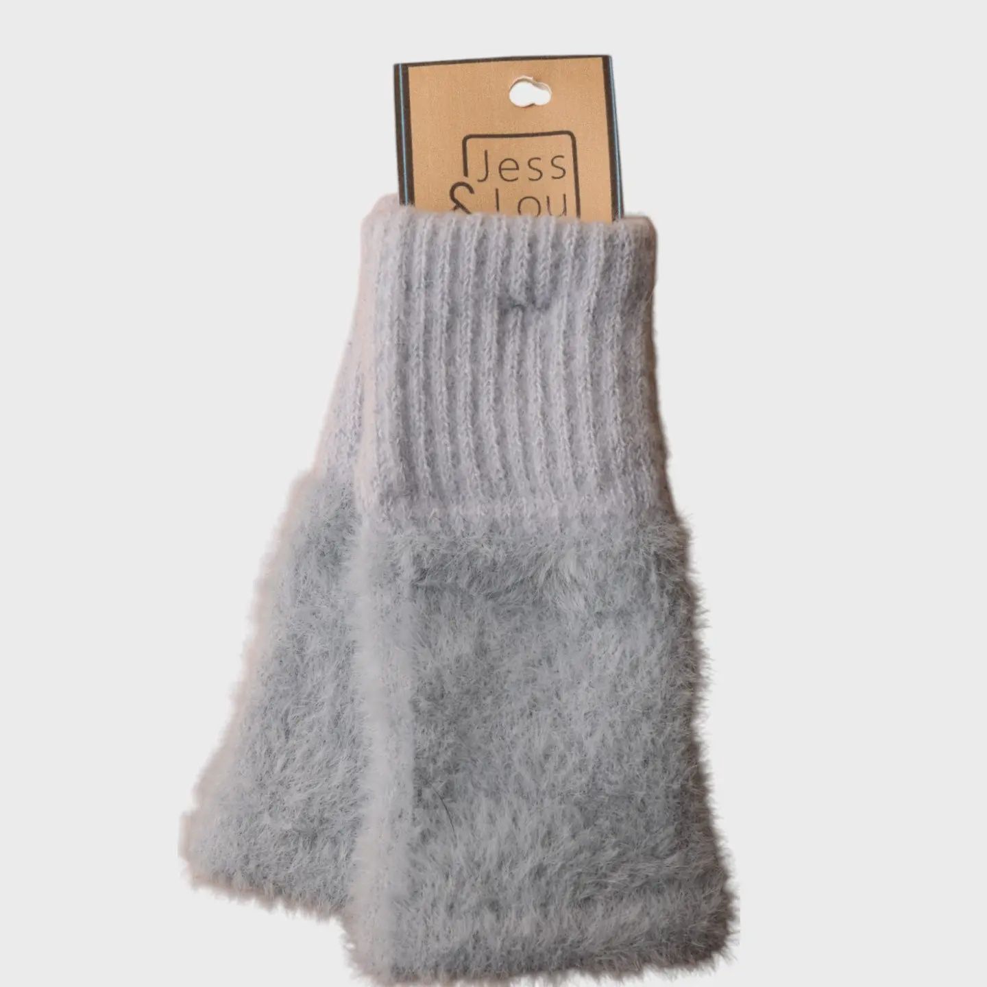 Fluffy Knit Fingerless Gloves - Grey-blue
