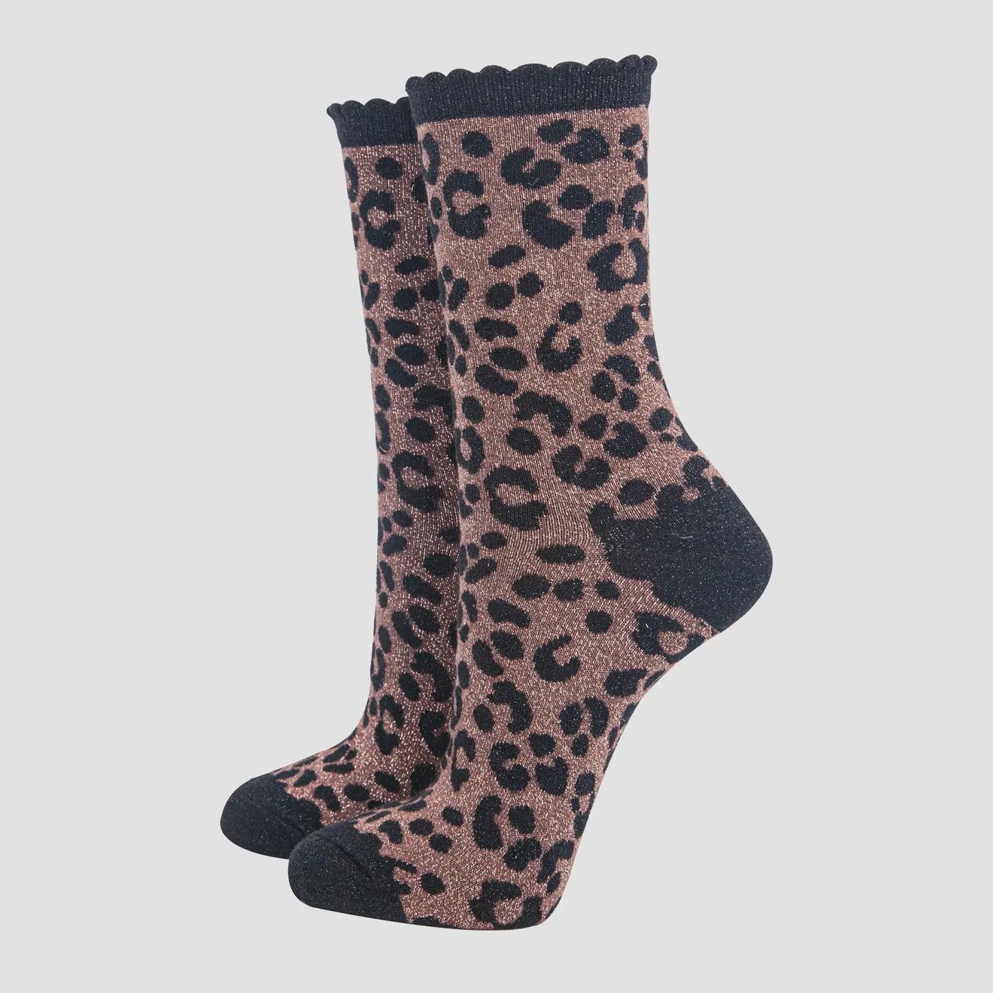 Combed Cotton Glitter Socks - Chocolate Leopard