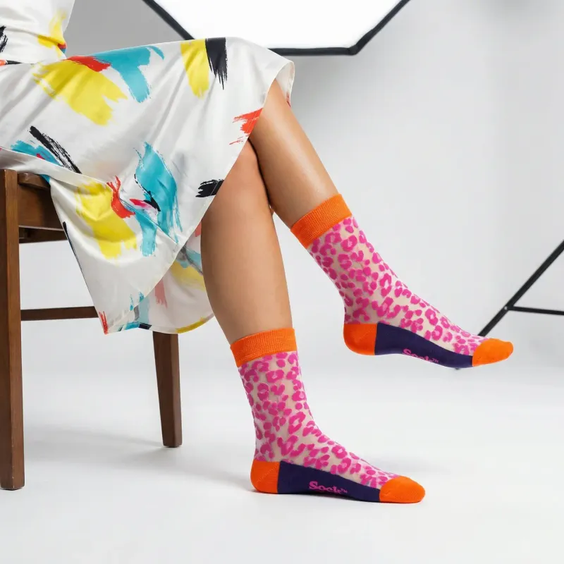 Cotton Sheer Pop Socks - Pink Leopard