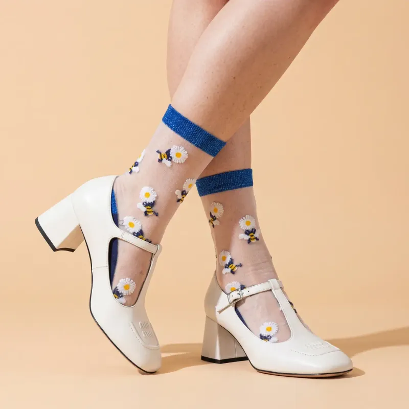 Cotton Sheer Pop Socks - Blue Bees/Flowers