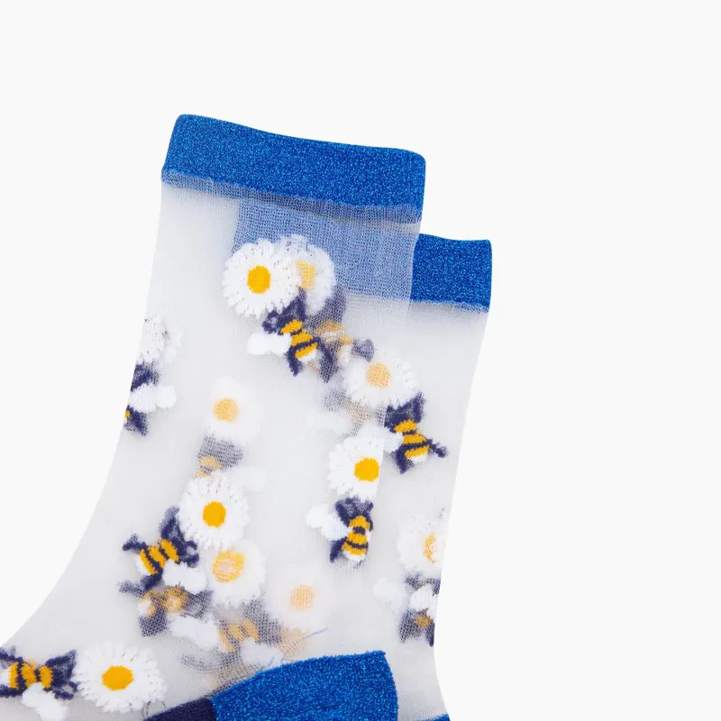 Cotton Sheer Pop Socks - Blue Bees/Flowers