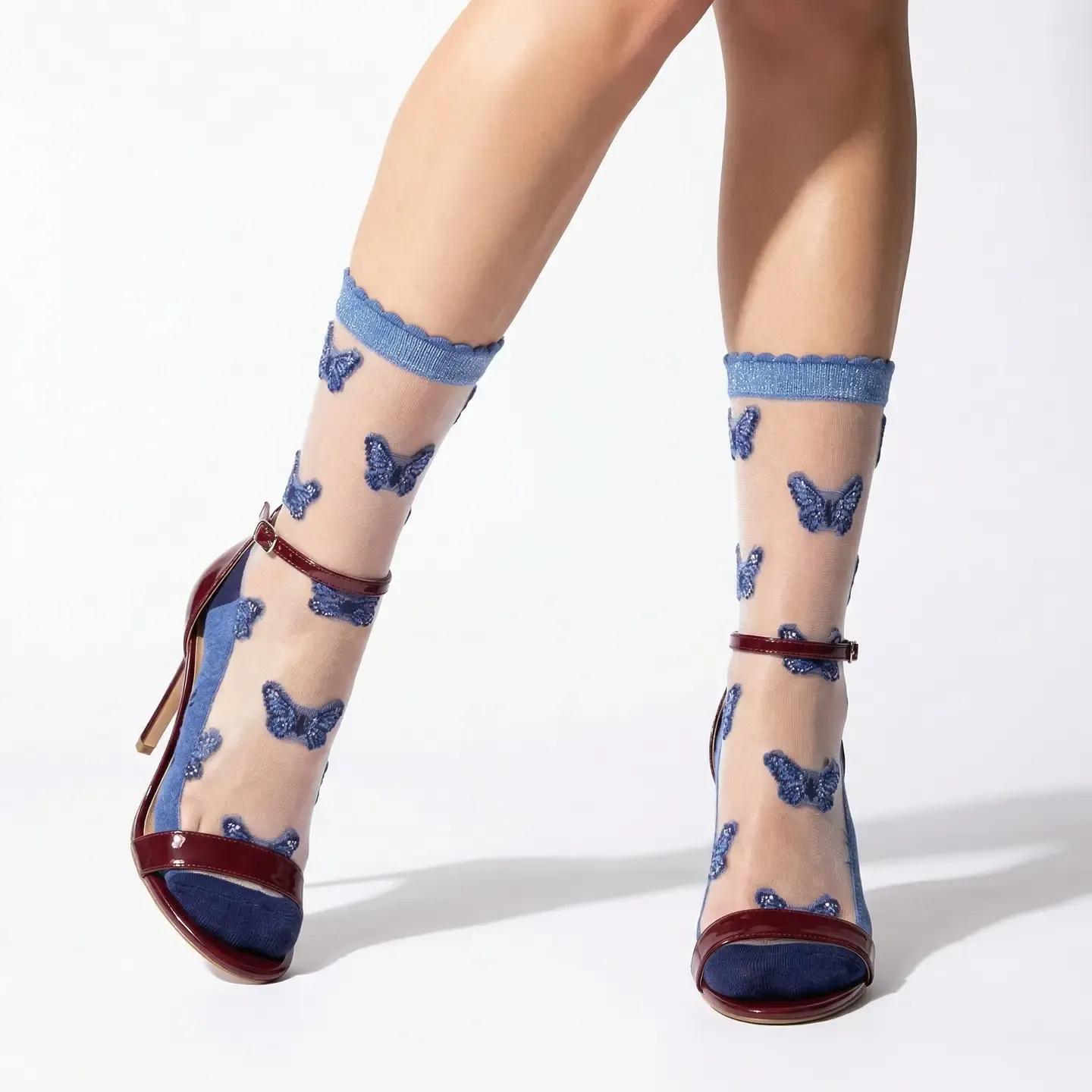 Cotton Sheer Pop Socks - Butterflies Blue