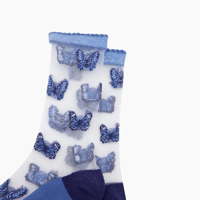 Cotton Sheer Pop Socks - Butterflies Blue