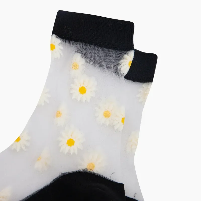 Cotton Sheer Pop Socks - Daisy Black