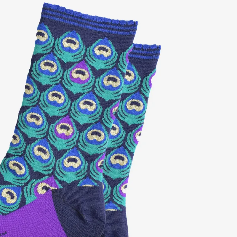 Bamboo Peacock Feather Socks - Navy/Teal