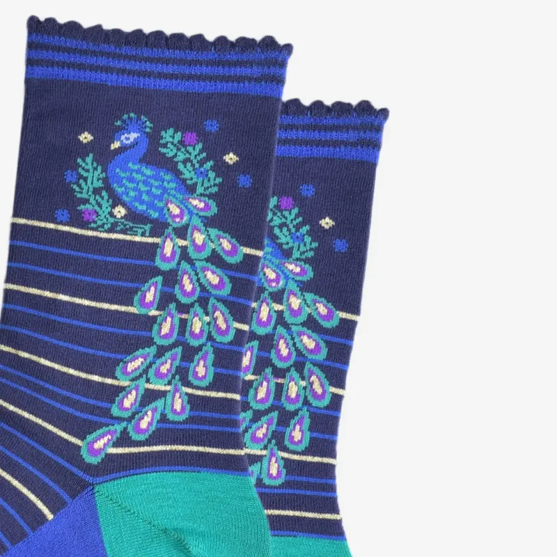 Bamboo Peacock Floral Wreath Socks - Navy/Teal