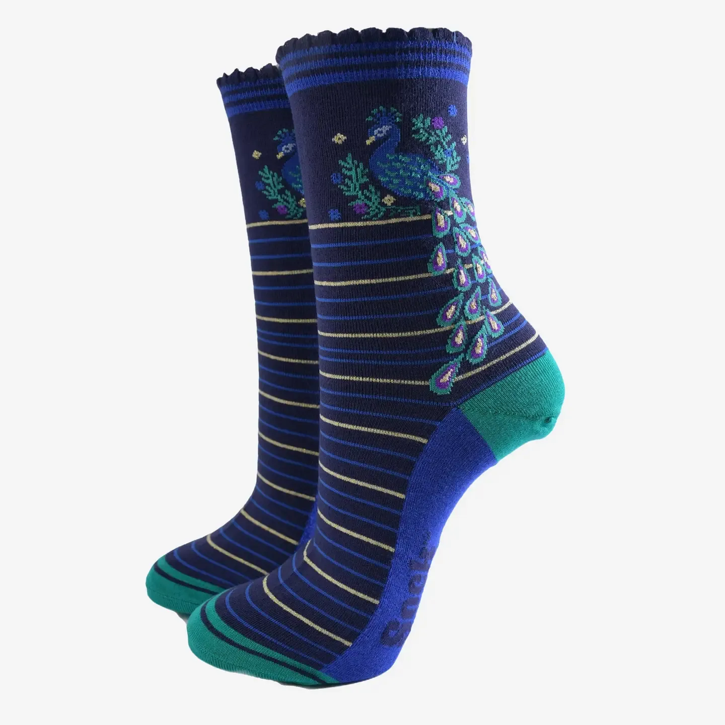 Bamboo Peacock Floral Wreath Socks - Navy/Teal